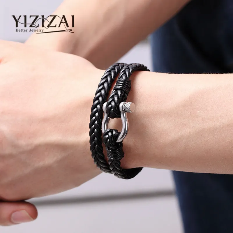 

YIZIZAI Vintage Leather Bracelet Stainless Steel Buckle Men Survival Charm Bracelets Bangles Homme Jewelry Pulseras Dropshipping
