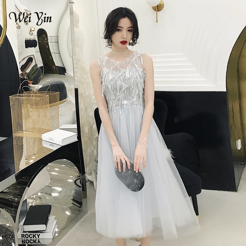 Женское вечернее платье с круглым вырезом wei yin 2019 элегантное фатиновое