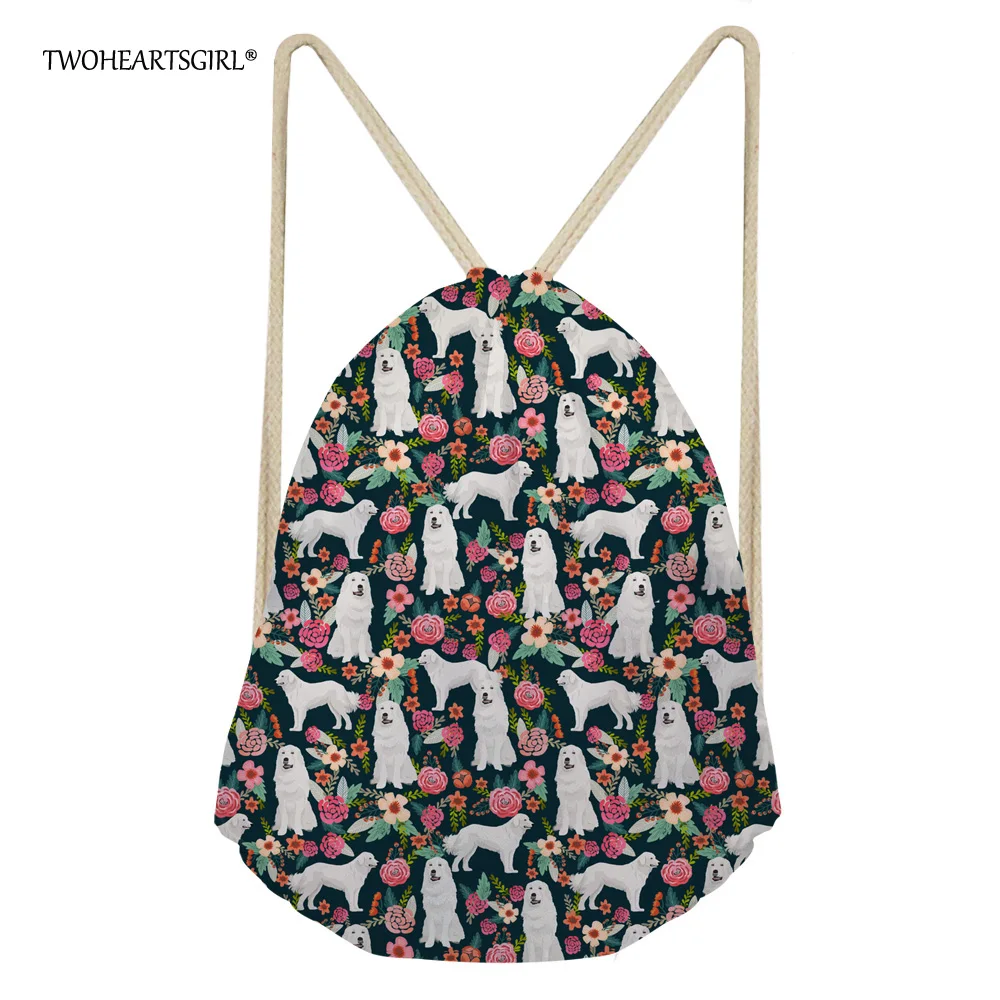 

Twoheartsgirl Flower Pyrenees Dog Drawstring Bag Polyester Female Women String Sack Beach Travel Backpack Foldable Shopping Bag