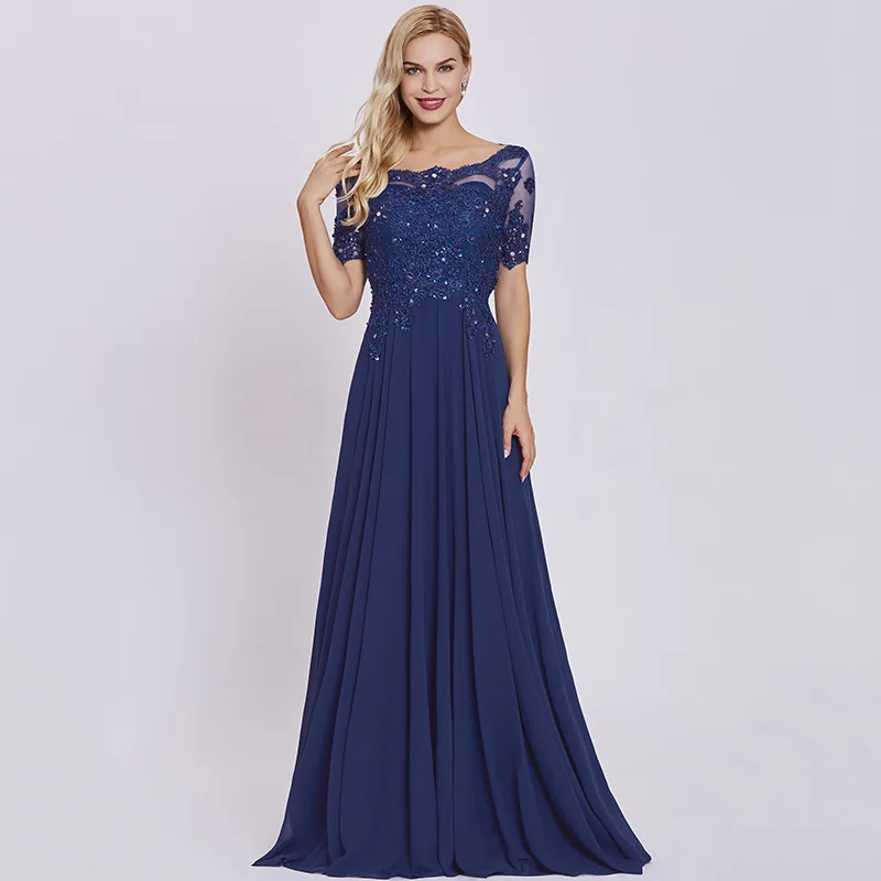 Tanpell Dark Royal Blue Long Evening Dress Lace Beaded O Neck Short Sleeves Women Formal Prom Dresses Robe De Soire 2019 | Свадьбы и
