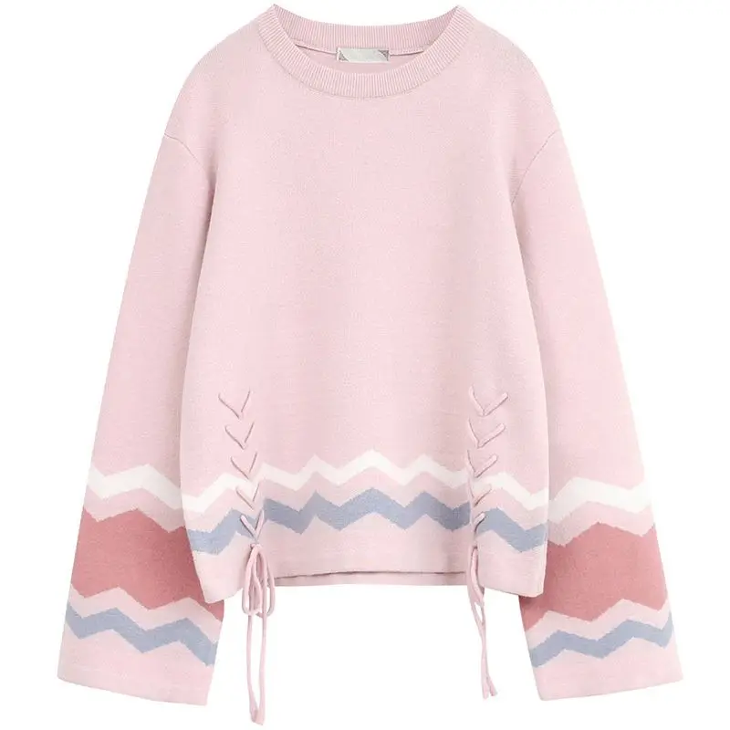 women fashion korea wave striped sweater girls flare sleeve o neck lace up warm knitted school pullover 2018 autumn winter sw140 | Женская