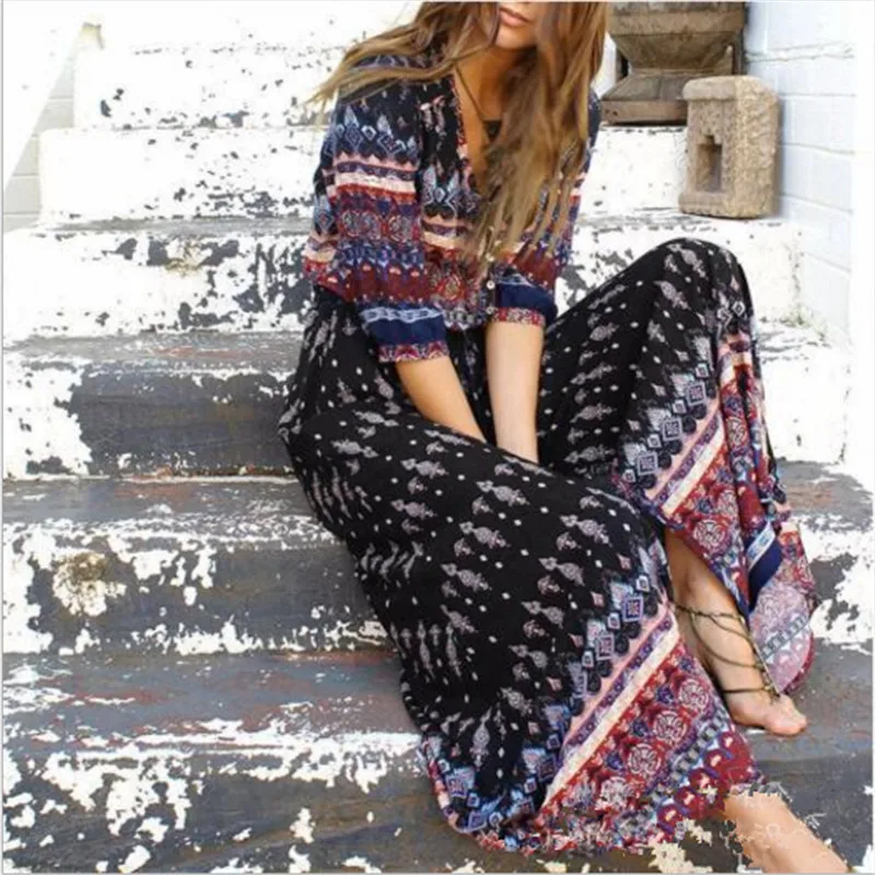 Женское длинное платье макси в богемном стиле с v-образным вырезом рукавом три