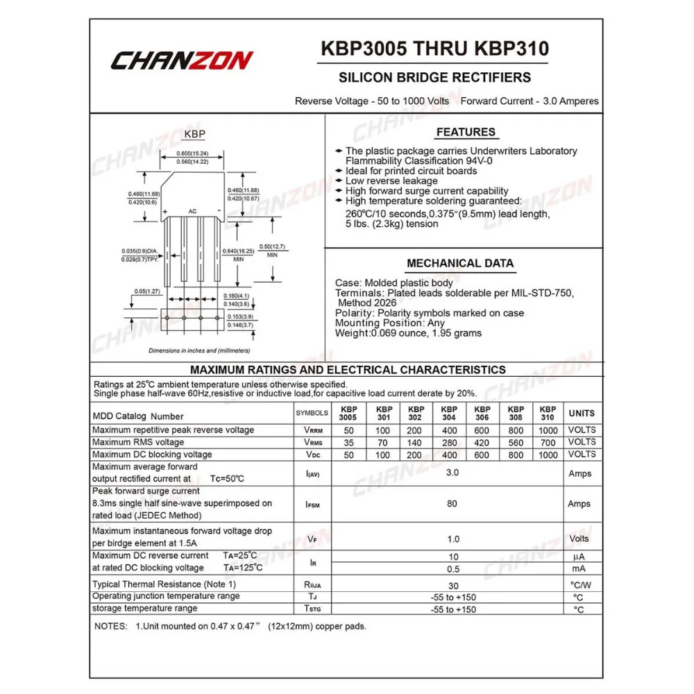 Мостовой выпрямительный диод KBP310 3 А 1000 В KBP-4 (SIP-4) однофазный полная волна Вольт KBP
