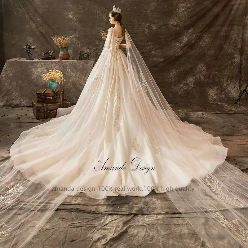 Аманда дизайн халат mariage кепки рукав кружево, аппликация бисером свадебное платье с обертывания