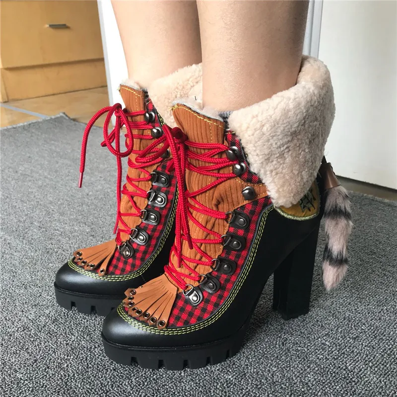 Зимние женские мотоциклетные сапоги на платформе и высоком каблуке 12 см; Botas Mujer; лоскутные шерстяные зимние сапоги с бахромой; ботильоны для женщин