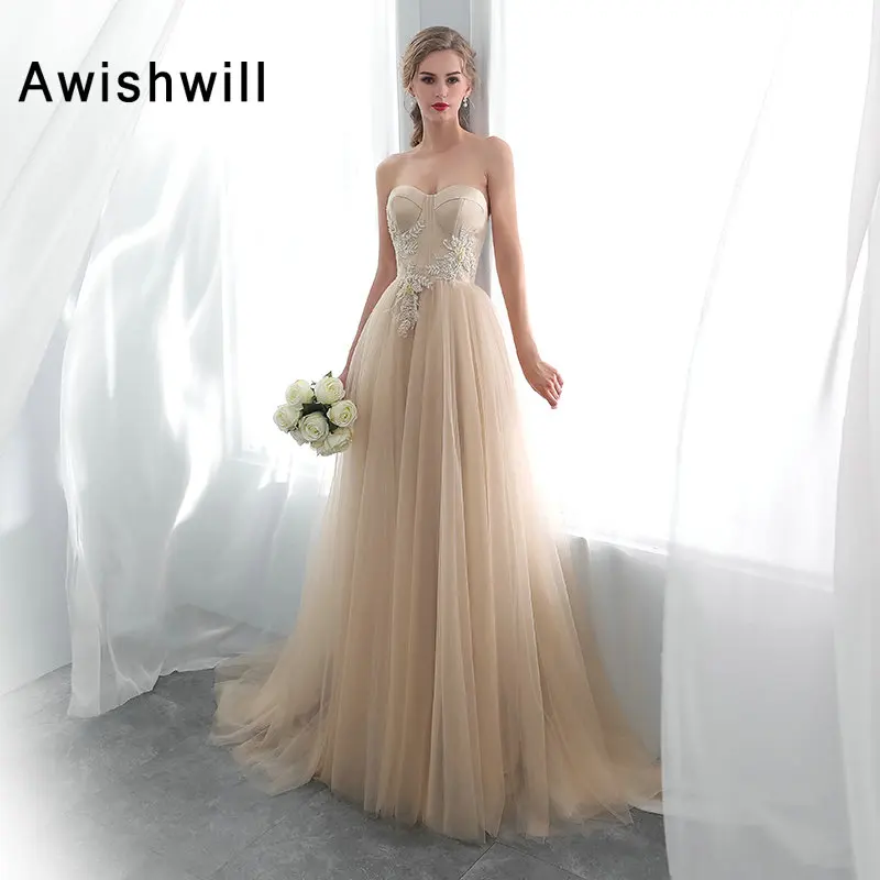 2020 Vestido De Festa Champagne Long Evening Dress Beads Satin Tulle Cheap Prom Dresses Abendkleider Formal Gown Real Sample | Свадьбы и