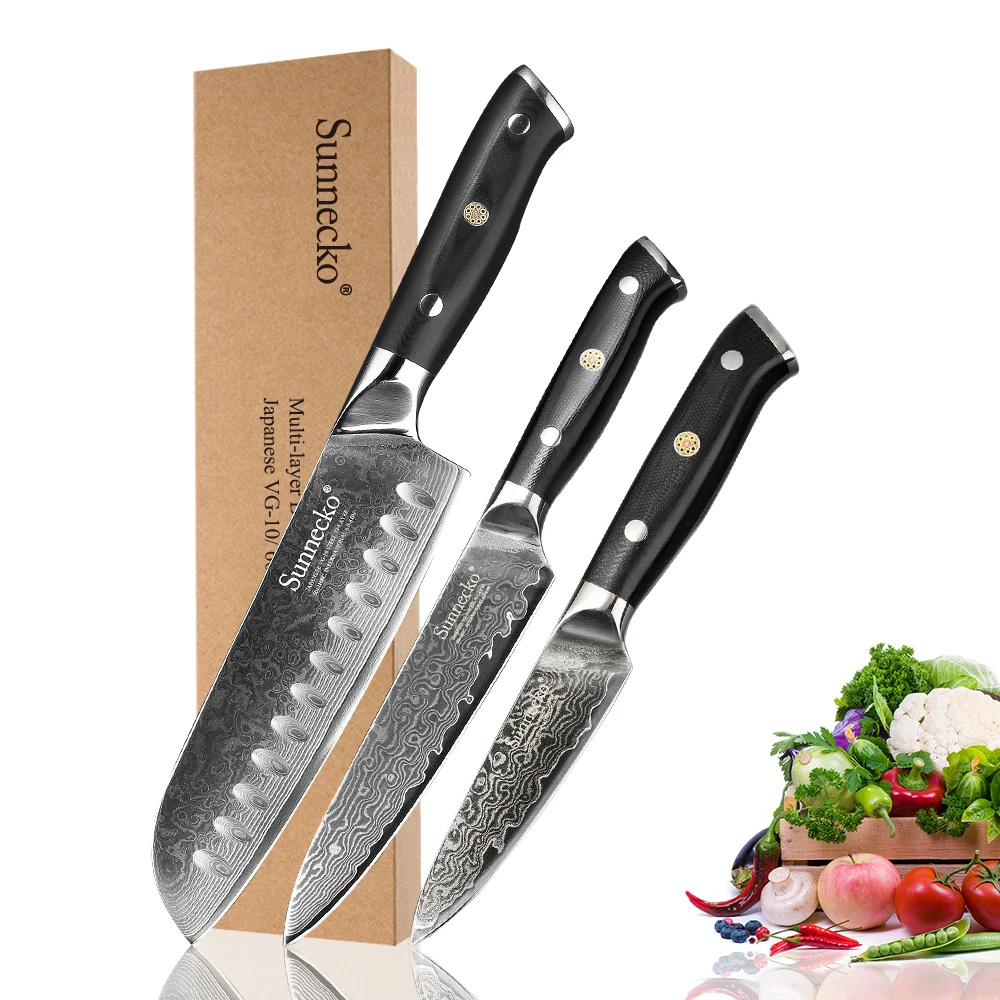 SUNNECKO 3 шт. набор кухонных ножей острый Santoku нож для очистки овощей японский VG10 Core Дамасская Сталь G10 Ручка резак инструменты