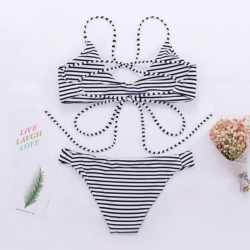 2019 New Women Push Up Bikini Striped Print Swimwear Swim Bathing Suits Female Bandage Swimsuit Biquini Beachwear |