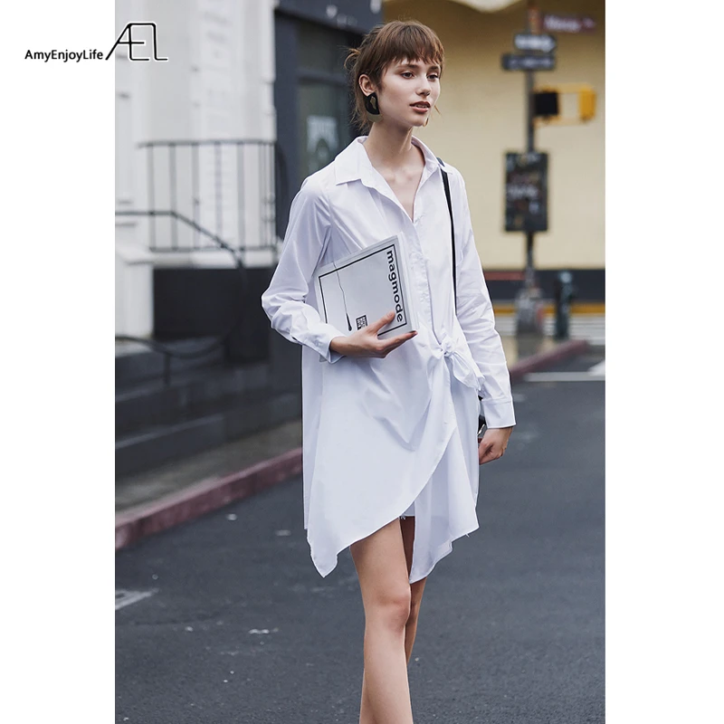 Женское платье-рубашка AEL белое мини-платье с длинным рукавом и отложным