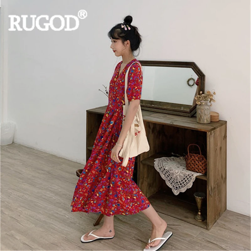 RUGOD женское длинное платье, элегантное, с принтом, на шнуровке, с v-образным вырезом, с пышными рукавами, prairie, шикарное платье, новое, летнее, модное, женское, повседневное