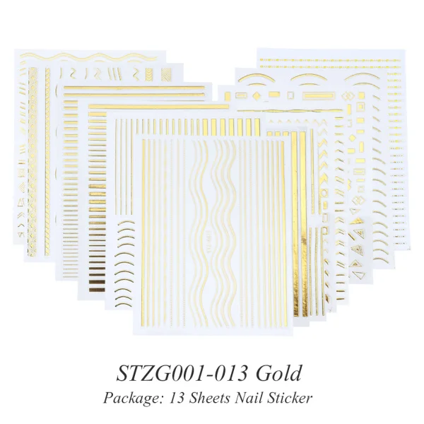 13pcs STZG001-013 G 3D серебристо-Золотая наклейка для дизайна ногтей, полоска с геометрическим рисунком, металлический конус, сделай сам, клеящиеся палочки для ногтей, маникюрные наконечники, STZG001-013 - Цвет: 13pcs STZG001-013 G