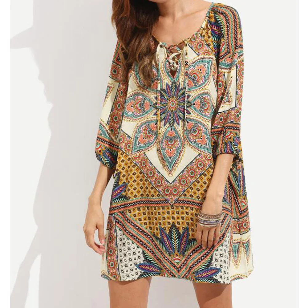 Винтаж Стиль этнический принт свободное платье Для женщин 3/4 рукавами Robe Femme 2019