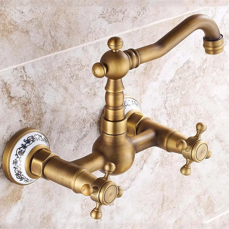 

Household Hotel Wall Faucet Copper Material Double Handle Single Hole Standard Seat Diameter Kitchen Faucet Hot And Cold Water