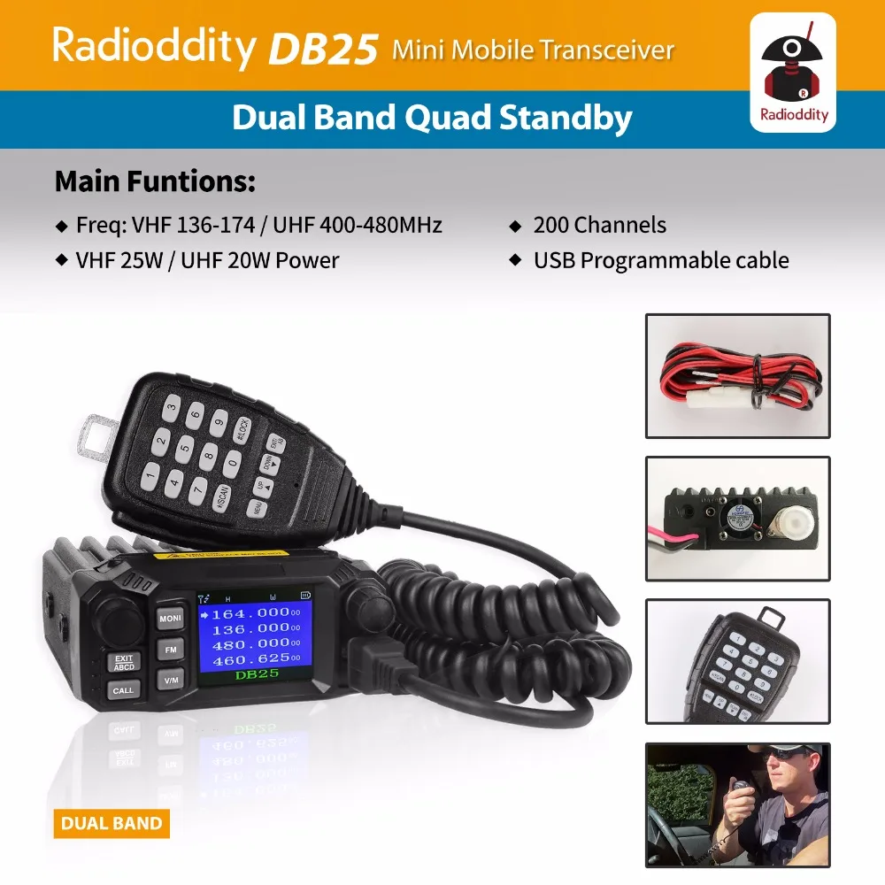 Радио ddity DB25 dual band quad-мини мобильные Автовозы Радио УКВ 144/440 МГц 25 Вт/ 10 Вт автомобиль трансивер rogramming кабель