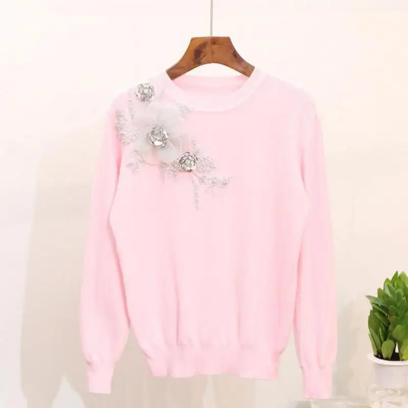 Fashion Beaded 3d Stereo Flower Collage Harajuku Women's Sweater Sweet Style Long-sleeved Stretch Loose Pullover Sweaters Women | Женская
