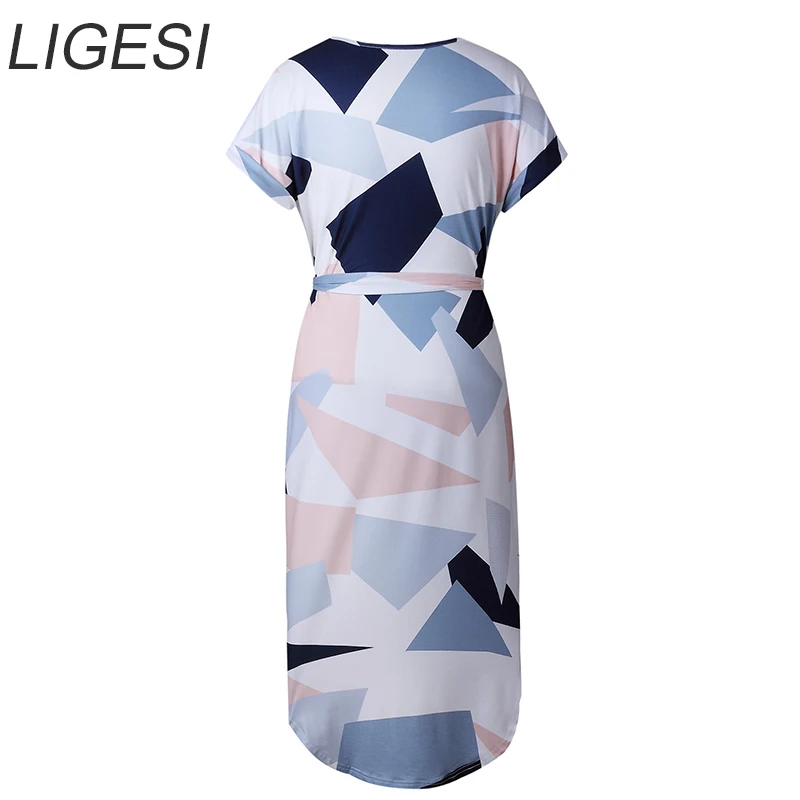 Женское платье с V образным вырезом коротким рукавом и геометрическим