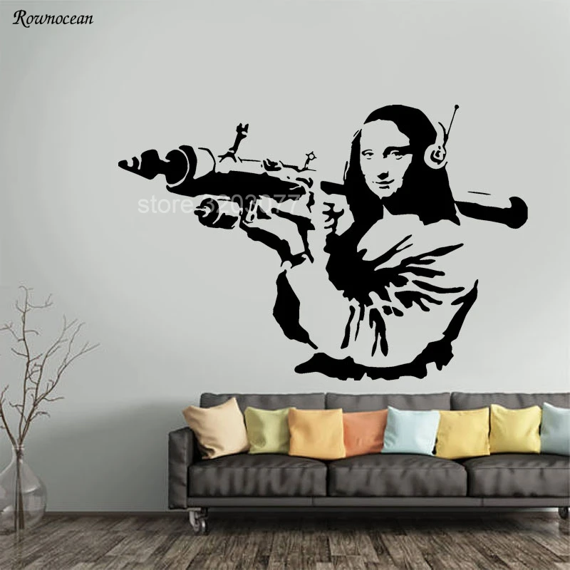Черный Бэнкси виниловая наклейка на стену Mona Lisa Rocket Launcher, Davinci Art Наклейка в стиле граффити Z218 - Цвет: Черный