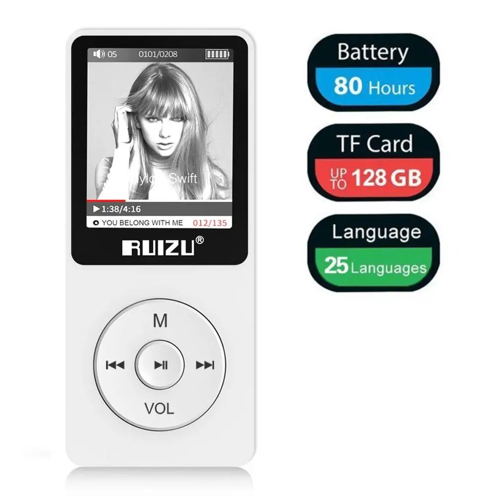 Белый MP3 плеер RUIZU X02 ультра тонкий музыкальный плеер с fm-радио, диктофон, воспроизведение видео, чтение текста, 80 часов воспроизведения - Цвет: Белый