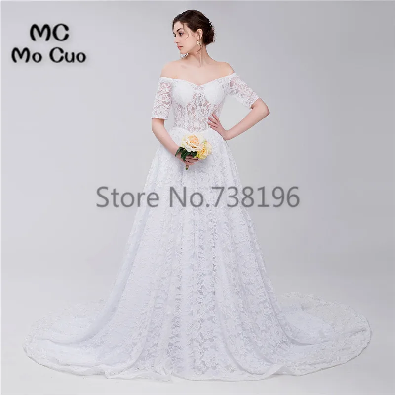 Элегантное кружевное свадебное платье 2019 с короткими рукавами v-образным вырезом