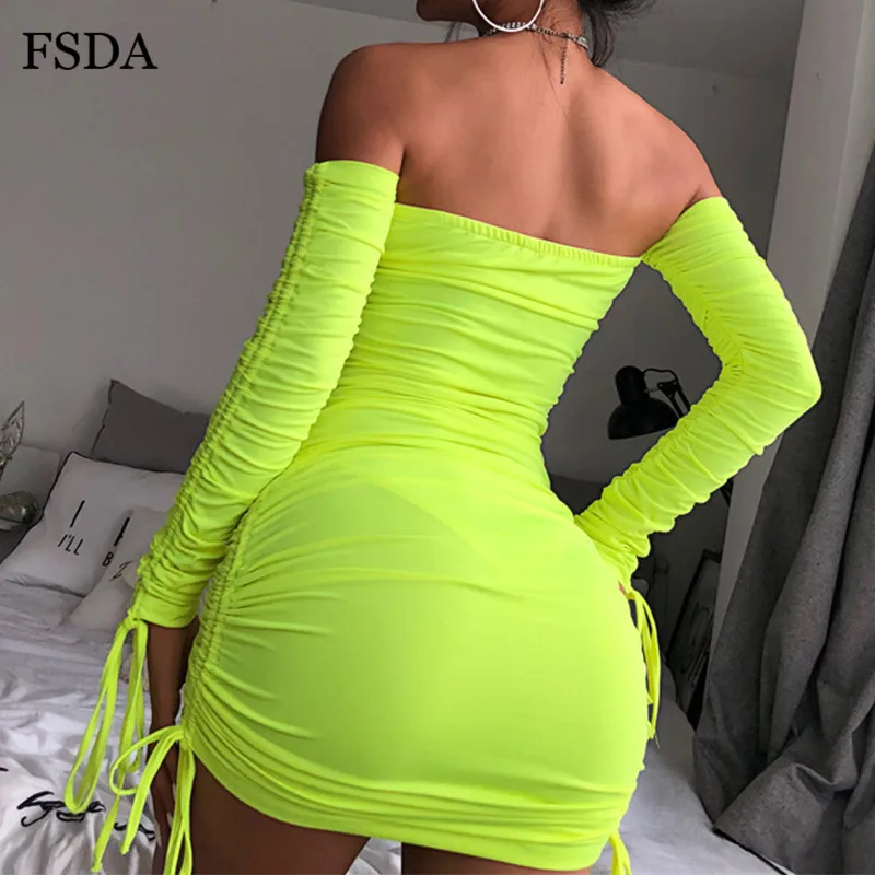 Женское неоновое мини платье FSDA Кружевное облегающее с бантом и длинным рукавом