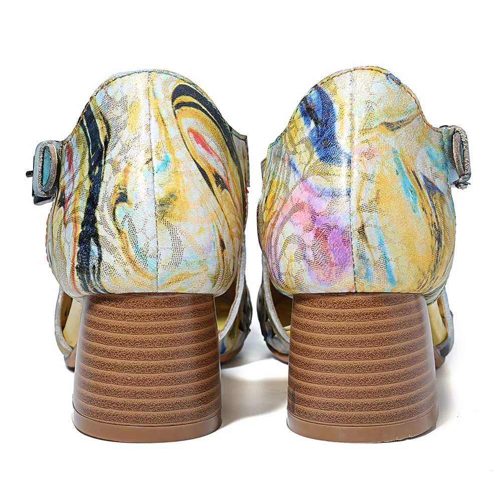 SOCOFY Hand Painted Sandals Retro Veins Genuine Leather Splicing Big Head Hollow Soft Sandals Shoes Women Sandalias Mujer