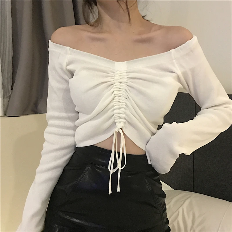 Ladies Sexy Sweaters Slash Neck Long Sleeves Knitted Tops Lace Up Clubwear Female Clothing Spring Autumn Pullover Sweater | Женская