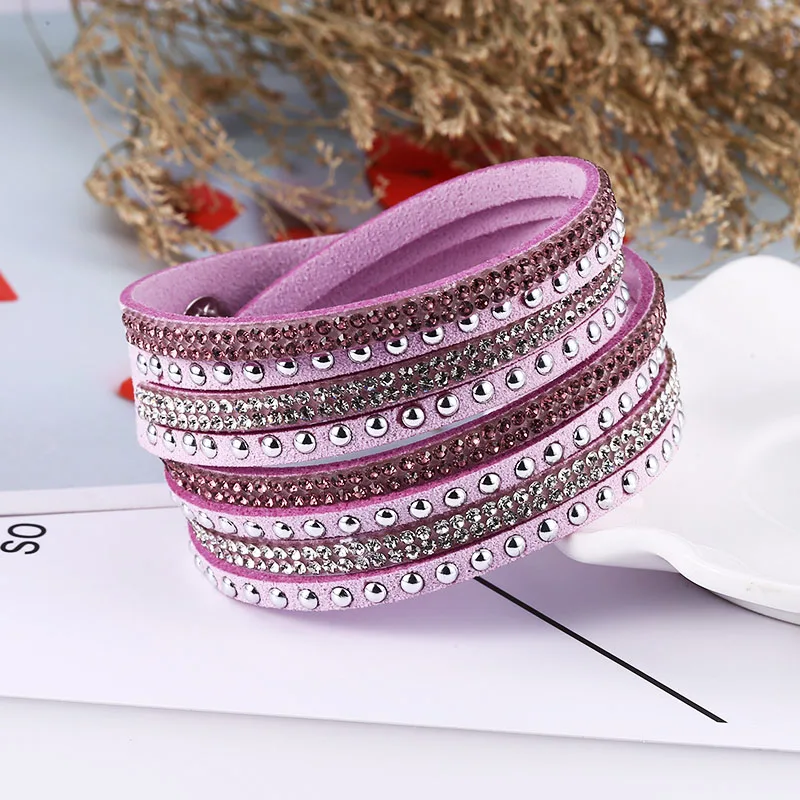 Light Pink Bracelet HOCOLE модные Очаровательные кожаные браслеты со стразами для женщин обёрточная бумага Многослойные Стразы браслет Женская мода ювелирные изделия свадебный подарок - Окраска металла: Light Pink Bracelet