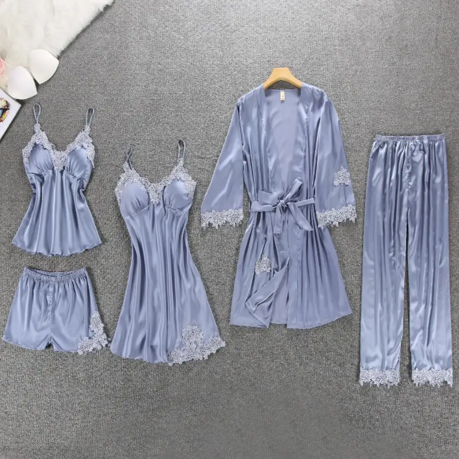 Для женщин пижамы 5 шт. атлас Pijama шелковые Домашняя одежда дома вышивка сна Lounge Пижама с нагрудники 999