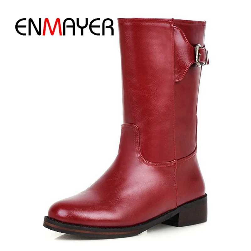 

ENMAYER New fashion women round toe Mid-Calf boots lady square heel Slip-on marten boots Big size 34-43 ZYL 229