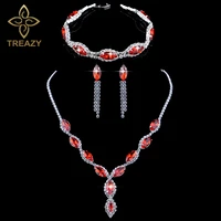 treazy elegant bridal jewelry sets red color crystal necklace earrings bracelet jewelry set for women wedding party accessories