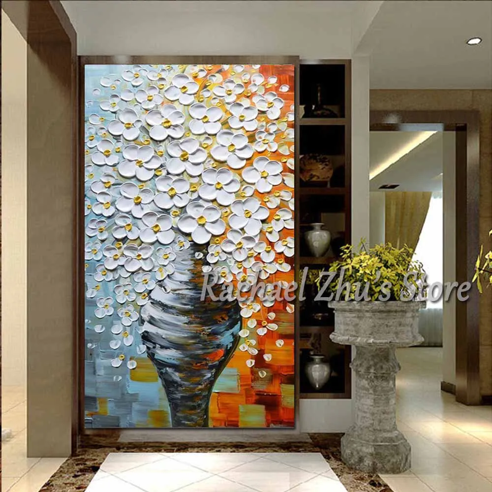 Большой размер Ручная роспись палитра нож ваза белый цветок картина маслом на