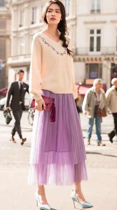 INMAN Spring New Arrival High Waist Slim Retro Literary Double Layer Gauze Women A-line Skirt