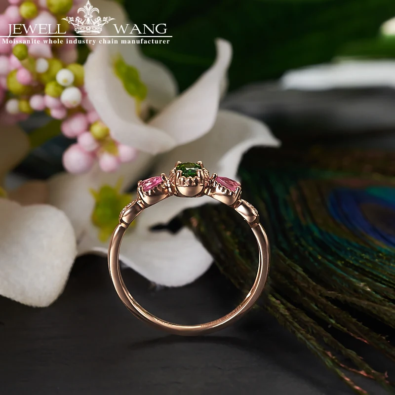 

JEWELLWANG Natural Diopsid Rubilite Rings for Women Genuine 18K Rose Gold Ring Fine Jewelry Luxury Gemstone Rose Gold Rings Gift