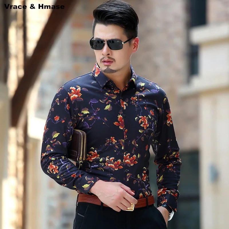 

Деловая Повседневная рубашка с цветочным принтом, Новое поступление 2019, модная облегающая Мужская рубашка с длинным рукавом