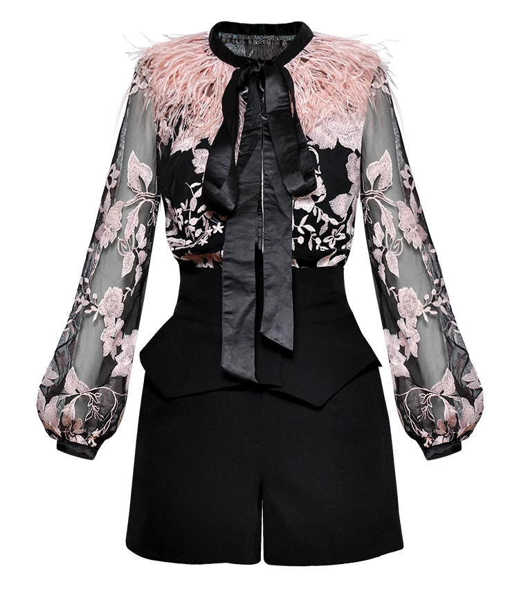 Для женщин устанавливает леди пуловер с длинными рукавами Feathe Блузка Черный