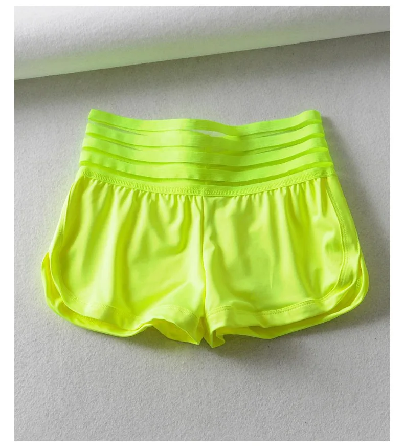 Summer Neon Green Pockets Shorts For Women Workout Mesh High Waist Push Up Shorts Fashion Lady Fitness Casual Stretch Shorts