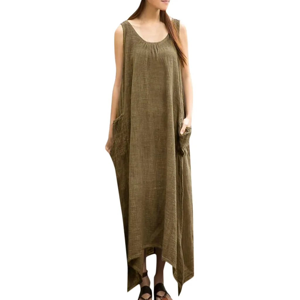 Женское винтажное платье без рукавов Boho длинное асимметричное макси из хлопка и