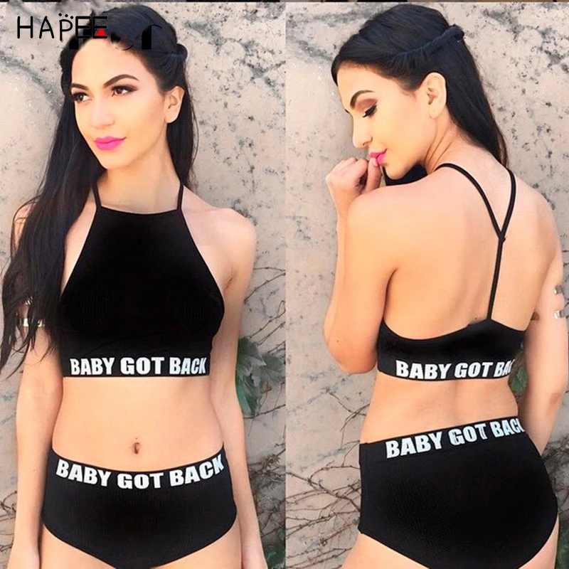 Черно-белой печати Белый Письмо Комплект Бикини 2017 Высокая Талия Женщины Холтер