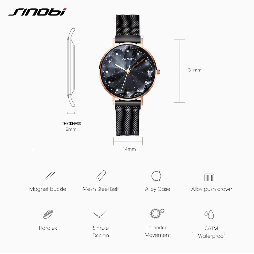 SINOBI Модные кварцевые женские часы Звездное небо роскошные из нержавеющей стали с