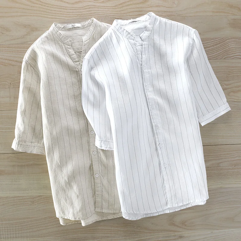 Рубашка Мужская льняная в полоску с рукавом до локтя|camisas para hombre|shirt men stripedlinen shirts |