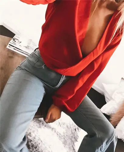 Женская блузка с длинным рукавом V-образным вырезом и открытой спиной | одежда
