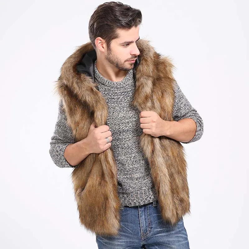 Winter Thicken Warm Men Hairy Faux Fur Vest Hoodie Hooded Waistcoats Sleeveless Pocket Coat Outerwear Jacket Plus Size 2X 7Q2141 | Мужская