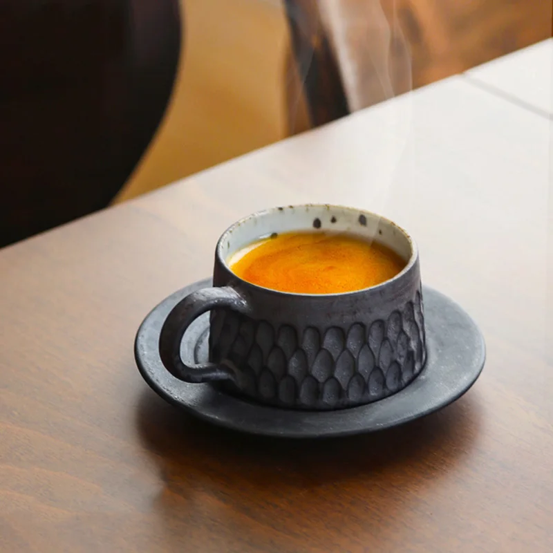 

60cc Vintage Coarse Pottery Espresso Coffee Set Mug Bar Cappuccino Zakka Tazas Cafe Cup and Saucer Kit Drinkware Handgrip Mug