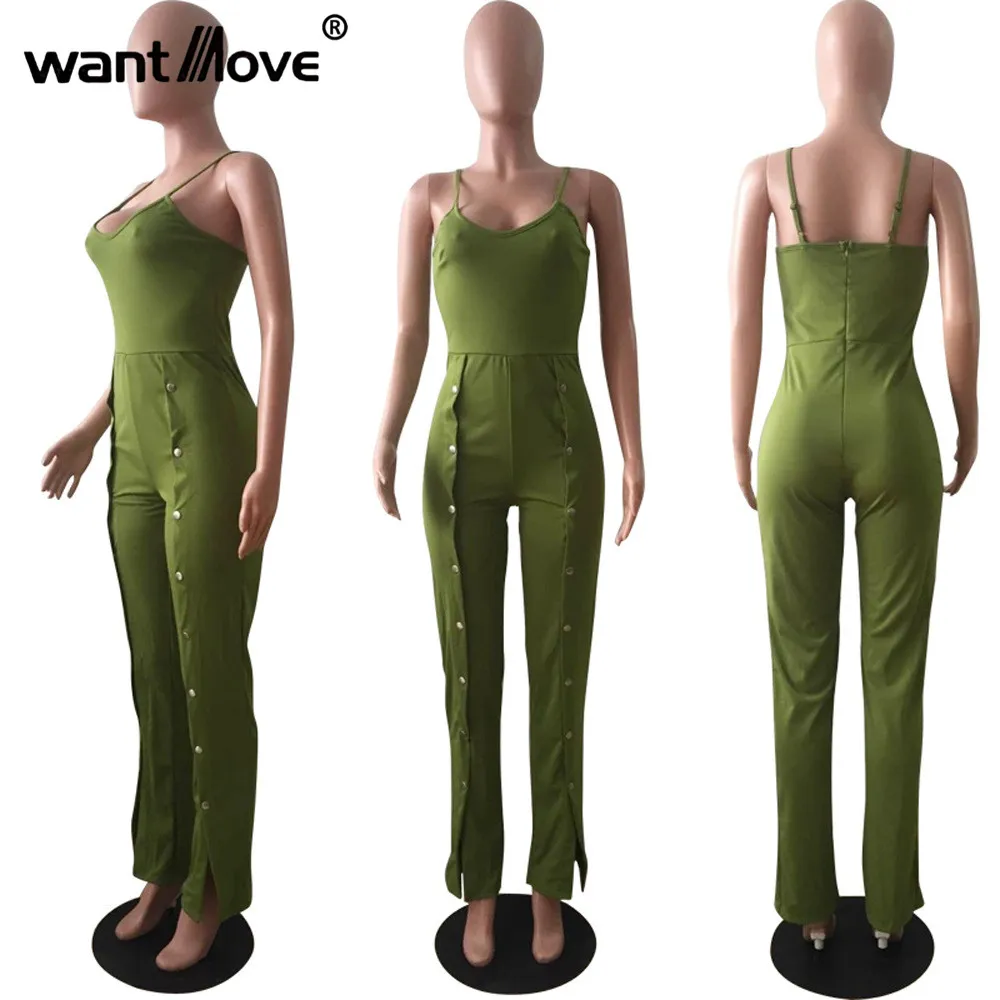 

Wantmove sexy spaghetti strap double button zipper 2018 fashion slim v neck long pants jumpsuit romper black green WM202