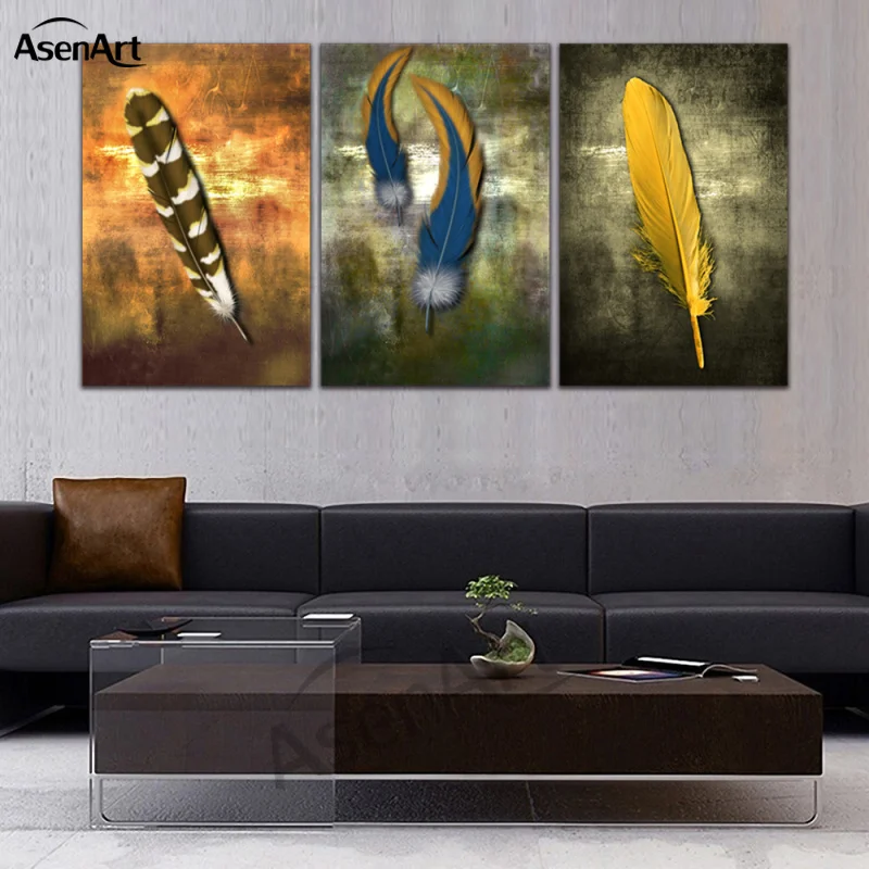 Картина на холсте в стиле ретро цветная картина из 3 предметов с перьями