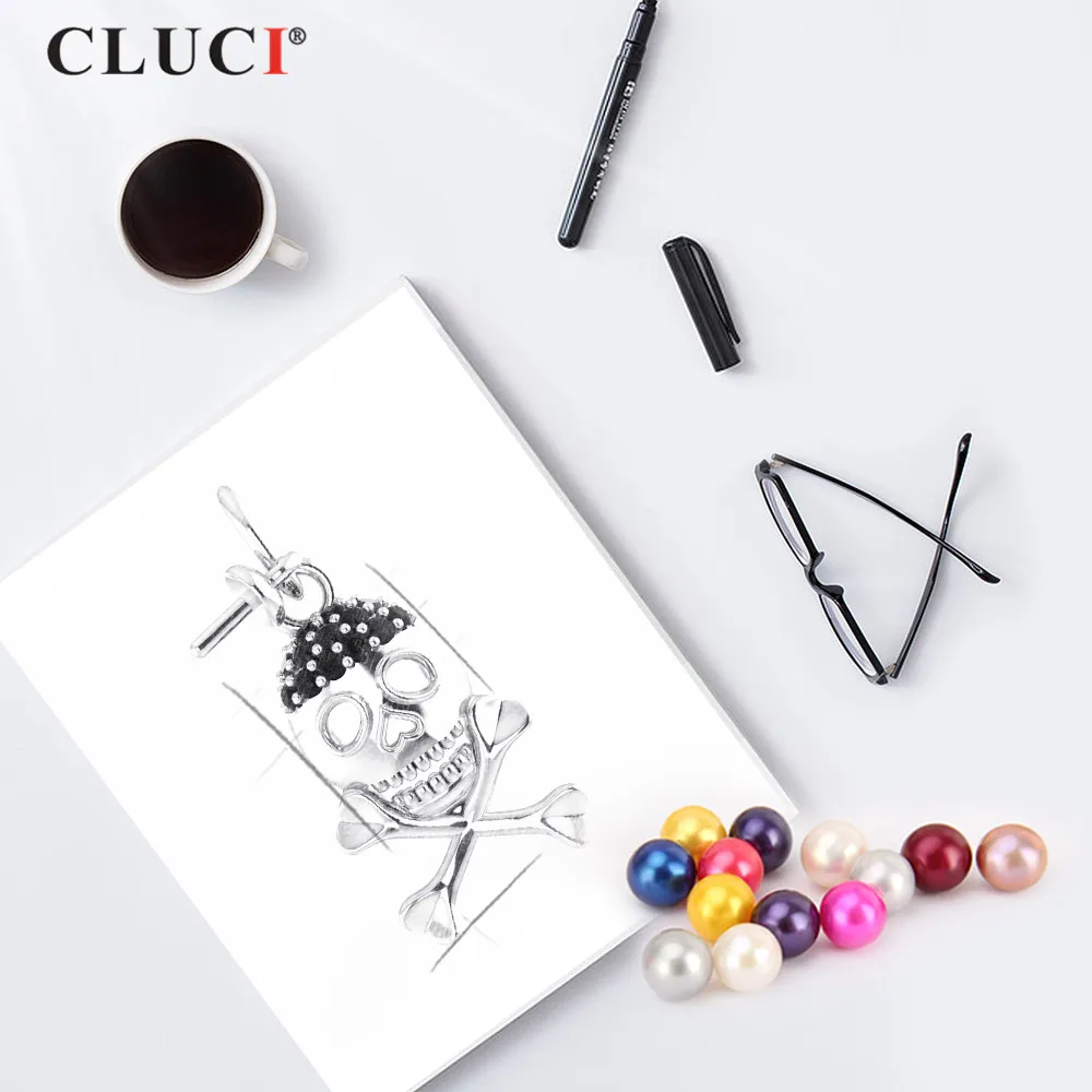 CLUCI новый дизайн Хэллоуин серебро 925 пробы Скелетон 7 мм жемчужная подвеска и
