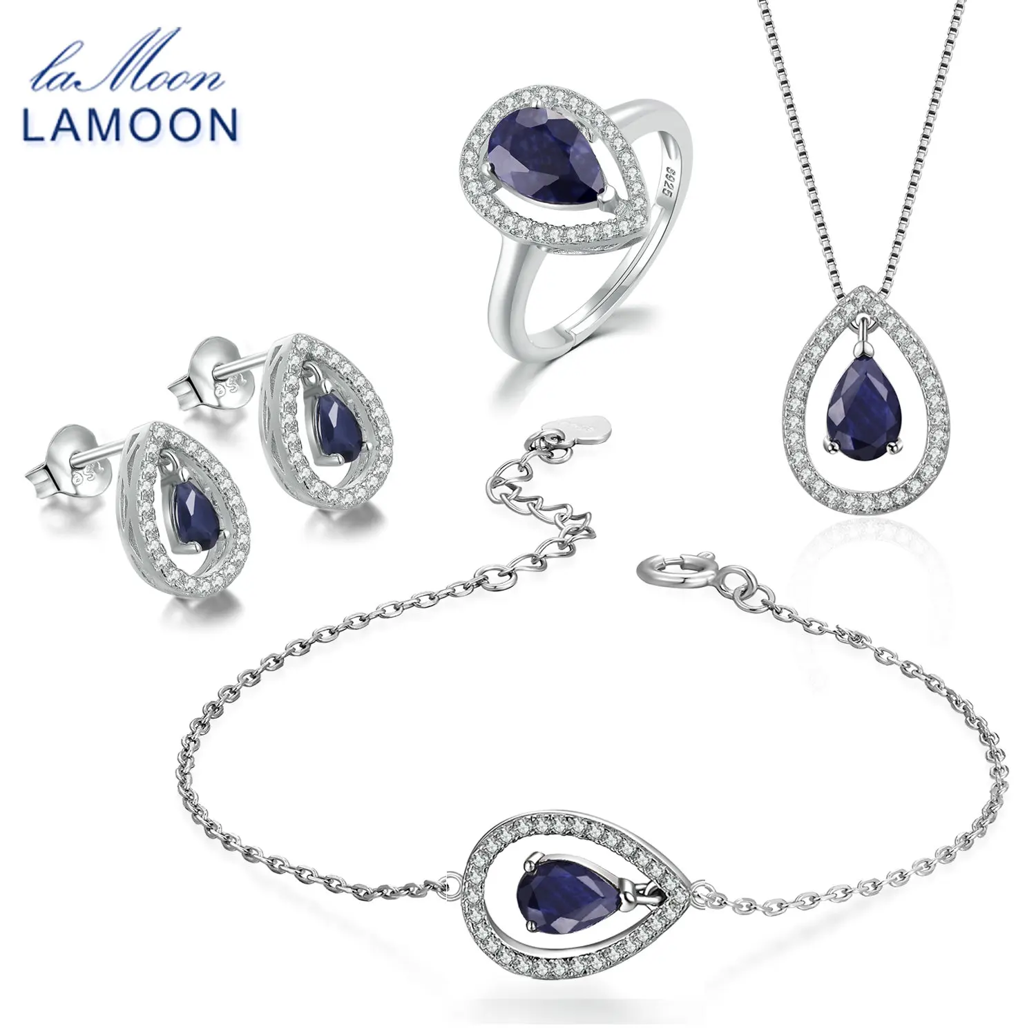 LAMOON Sapphire Jewelry Set for Women Water Drop 100% Real Natural Gemstone 925 sterling-silver-jewelry Ring Earring V040-1