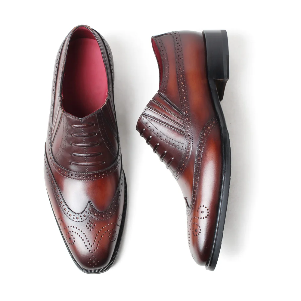 VIKEDUO New Loafers Shoes Men Full Brogues Men's Genuine Leather Wedding Shoe Patina Brown Mans Footwear Office Male | Обувь