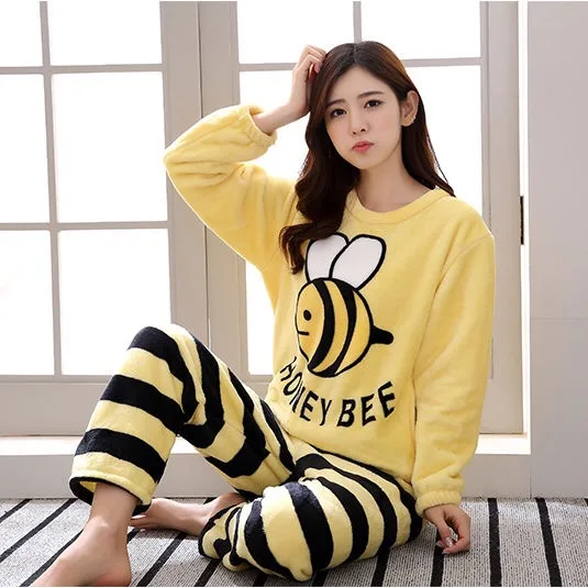 bee yellow Silka Surplus, Женский пижамный комплект, пижама, милый мультяшный женский теплый зимний пижамный комплект, длинный рукав, длинные брюки, 2 предмета - Цвет: bee yellow