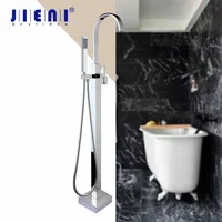 JIENI Floor Mounted Tub Filler Faucet Square Design Bath Shower with Hand Shower Chrome Freestanding Shower Faucet Set